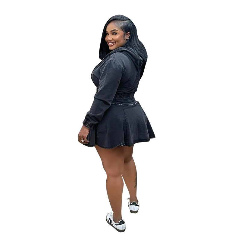 Streetwear Denim 2 Piece Sets Women Outfit Spring Clothing Women Full Sleeve Hooded Crop Top Pleated Skirt Sets Jean Dress Sets