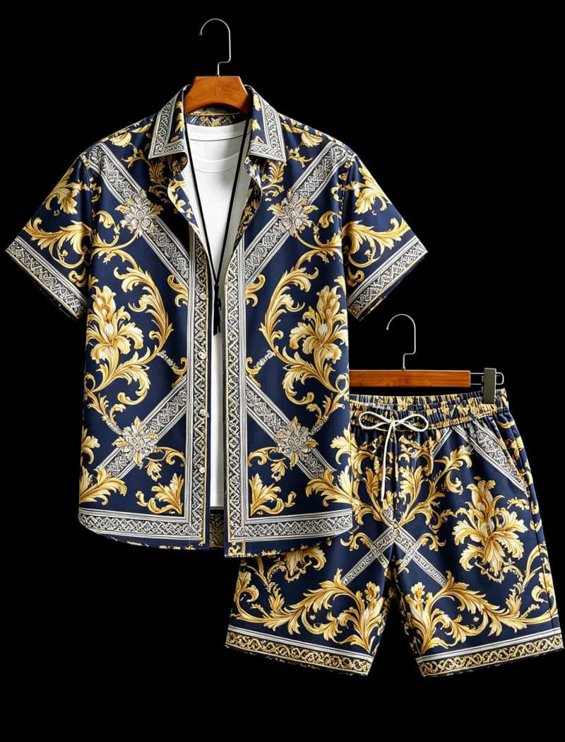 Men's Baroque Retro Printed Vacation Shirt set, Suitable For Beach Vacations And Luxurious Retro Style Outfits