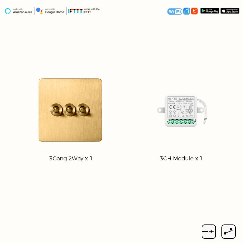 Avoir Tuya Smart Life Home Control Mini Wifi Module Wireless Gold Light Switches 1-4 Gang 2 Way Alexa Rocker Toggle Switch 220V
