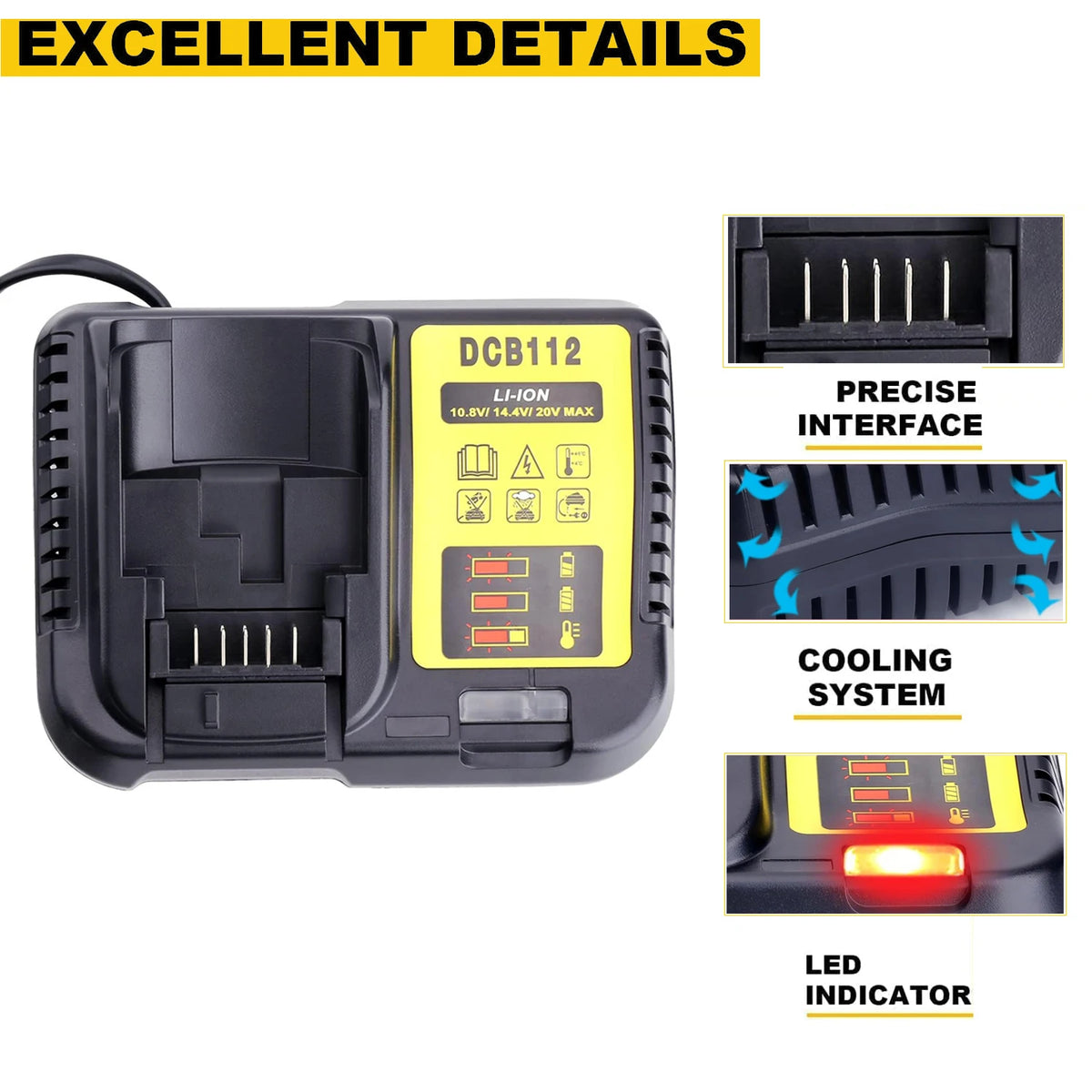 DCB112 Charger Repalcement for Dewalt 12V/20V Battery Charger Compatible with Dewalt 12V/20V Max Battery DCB200 DCB203 DCB125 DCB107