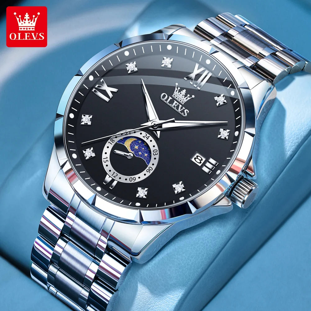 OLEVS 2956 Mens Watch Business Original Quartz Watch Large Dial Waterproof Luminous Automatic Date Moon Phase Watches For Man