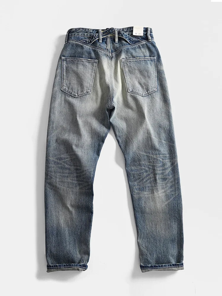 Heavyweight 100% Cotton Relaxed Straight Denim Jeans Vintage Washed & Distressed American Casual Pants for Men Amekaji Retro
