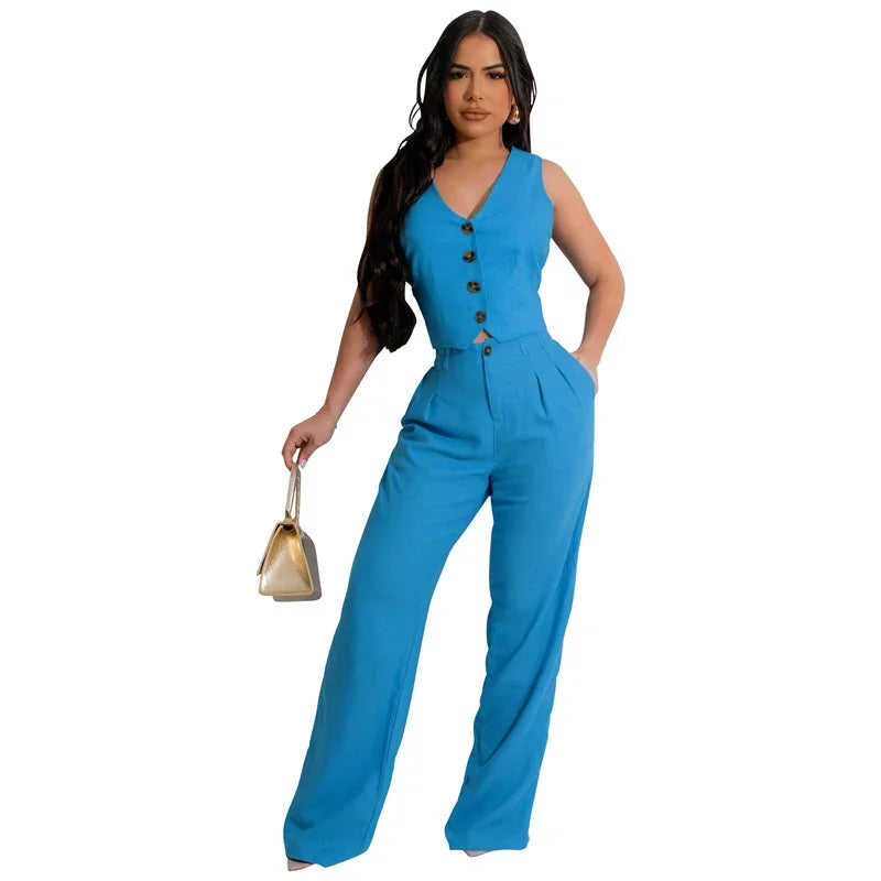 Fashion Elegant Two Piece Set for Women Workwear Office Lady Sleeveless Vest Single-breasted Top + Wide Leg Pants Business Suit
