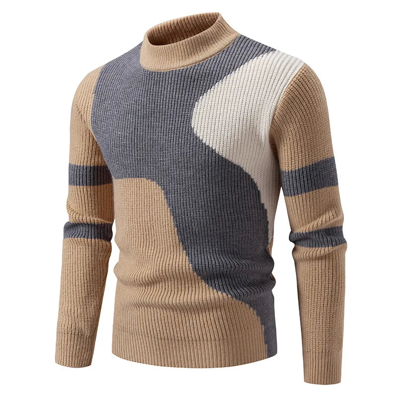 High Quality Men's New Autumn Winter Sweaters Casual Warm Mock Neck Pullovers Trend Color Blocking Design Men Sweaters Knit Tops