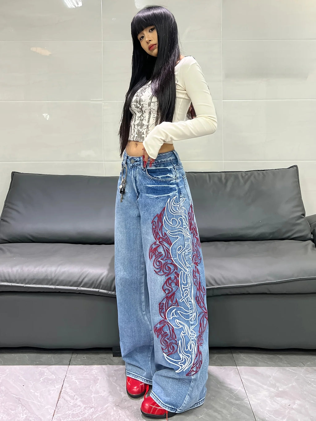American Retro Two-Color Embroidered Wide-Leg Women's High-Waisted Jeans - Fashionable Design, Straight-Leg Loose Slimming Wide-Leg Floor-Length Trousers For Street Hotties