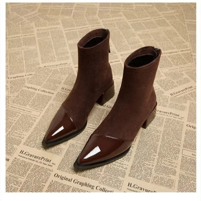 Women's 2026 New Autumn and Winter Fashion Retro Pointed Ankle Boots  French Temperament High Heels and Zipper Short Boots