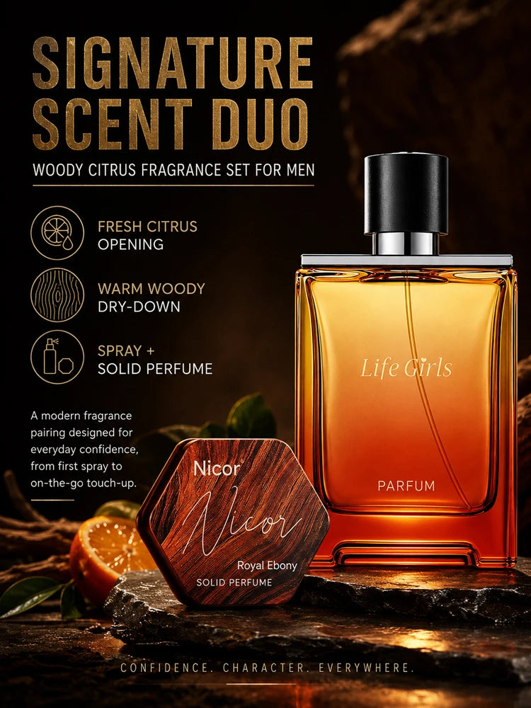 Men's Woody Citrus Perfume Set, Spray Cologne + Solid Perfume Balm, Long Lasting Royal Ebony Travel Fragrance Gift