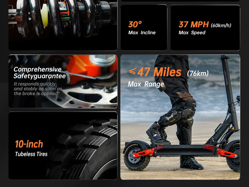 JOYOR T10 Flagship Electric Scooter 1000W Dual Motors 3600W Peak 37MPH 60V18Ah Battery 45 Miles Dual-Arm Suspension Dual Hydraulic Disc Brakes Anti-skid 10Inch OffRoad Tires High Speed Stability Aluminum Alloy Frame Foldable