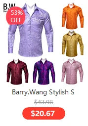 Barry.Wang Luxury Silk Mens Shirts Jacquard Floral Long Sleeve Formal Casual Breathable Male Blouses Wedding Business Prom Gift
