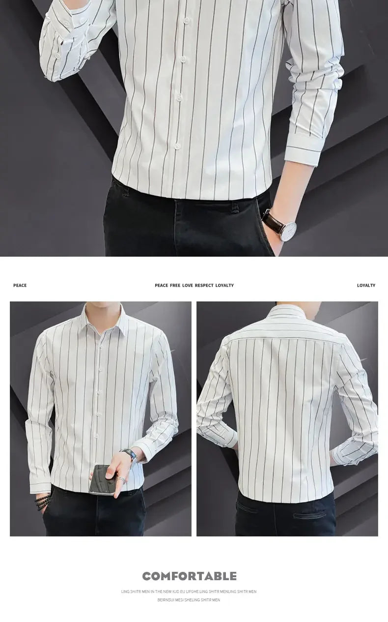 Stylish Men's Striped Shirt Printed Casual Business Dress Shirts Long Sleeve All-Match Slim Fit Fashion Korean Streetwear Shirts