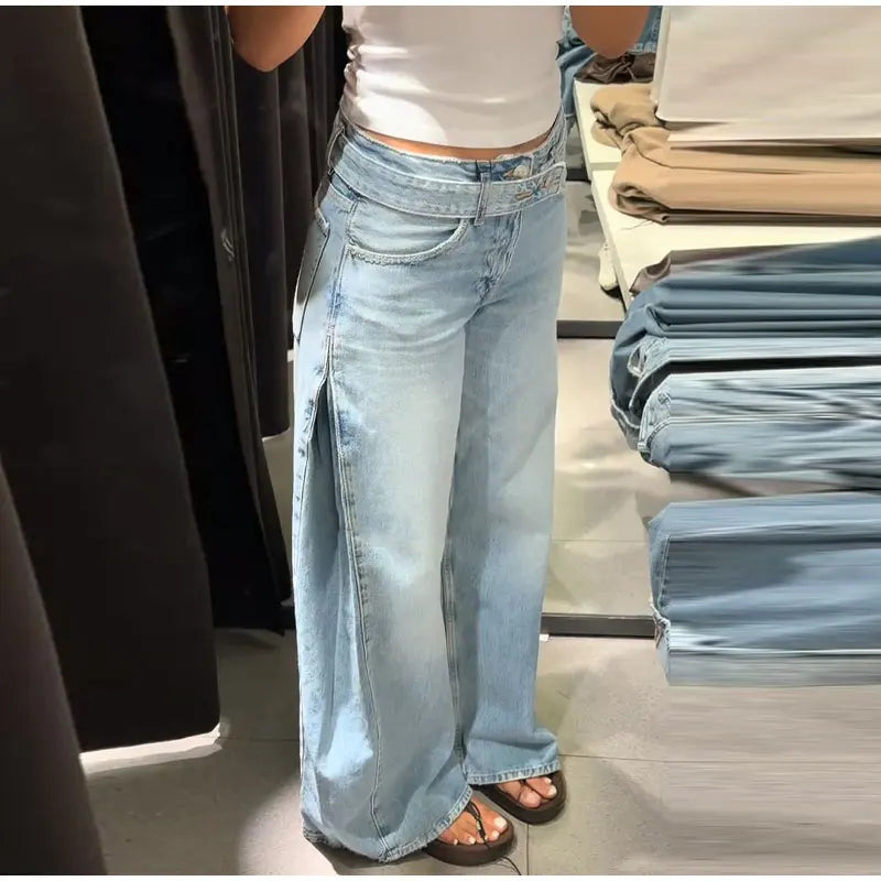 2026 Spring Low Waist Pleated Wide Leg Jeans Light Wash Raw Edge Double Waistband Casual Women Pants Trendy Y2K Lady Trousers