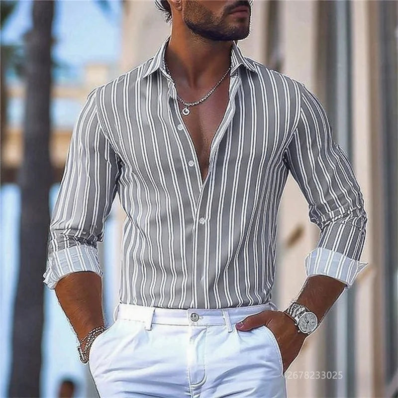 15 colors men's striped long-sleeved shirts, business office men's tops, spring and autumn lapel shirts, high-quality shirts