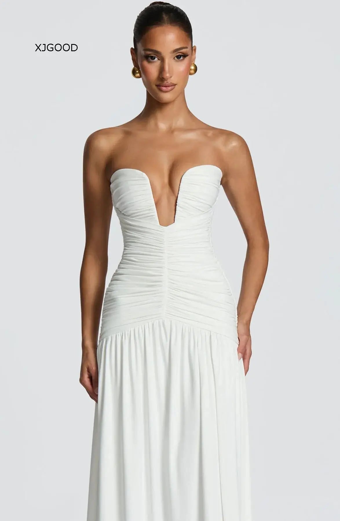 Women's Strapless Pleated High Slit Long Skirt Sexy Pure Color mid Waist Polyester Fiber V-neck Sleeveless Slim Fit Dress
