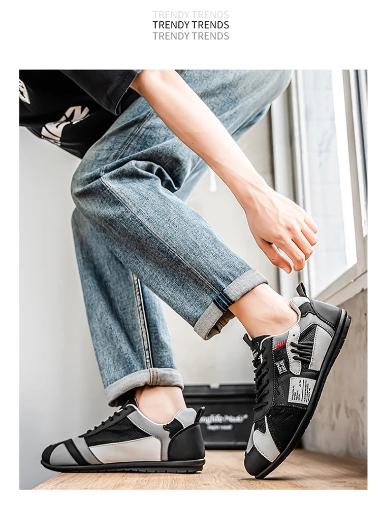 Men's Trendy Black and Gray Color-Blocked Mesh Breathable Casual Sports Shoes, Summer Thin Retro Forrest Gump Shoes, Lightweight Soft-Soled Shock-Absorbing Non-Slip Versatile Wear-Resistant Men's Shoes