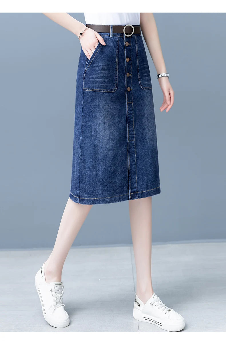 High Waist A-Line Midi Skirt for Women Spring 2023 Denim Split Long Dress Korean Style Commute Pure Color Long Skirt