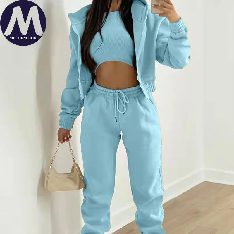 Women's 3-Piece Set Long Sleeve Hooded Sport Coat Casual Loose Lace-Up Pants Autumn Winter Fashion Outfit Versatile Clothing