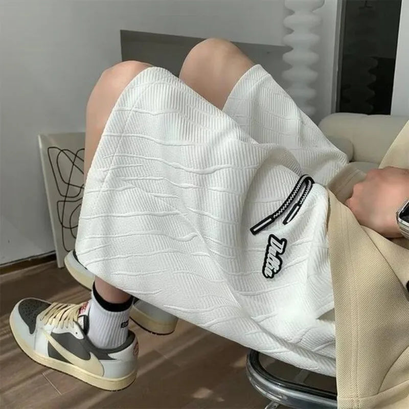 Men's Wide Leg Pants Summer Stripes Loose Casual Trendy Mid-length Pants Comfortable Elastic Waist Fashion Letter Sports Shorts