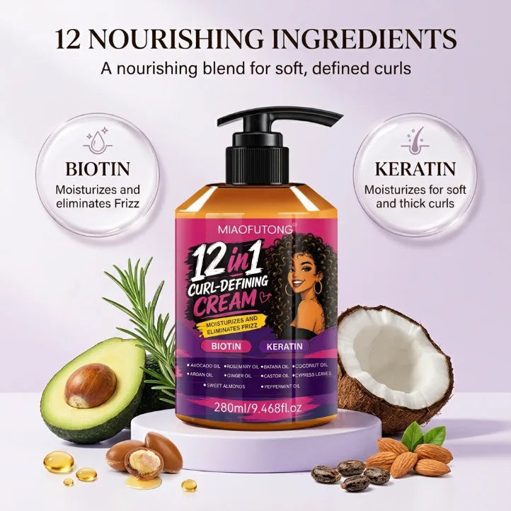 12‑in‑1 Curl Defining Hair Cream 280ml Biotin & Keratin Infused Deep Moisturize Reduce Frizz Define Curls For Natural Curly Hair