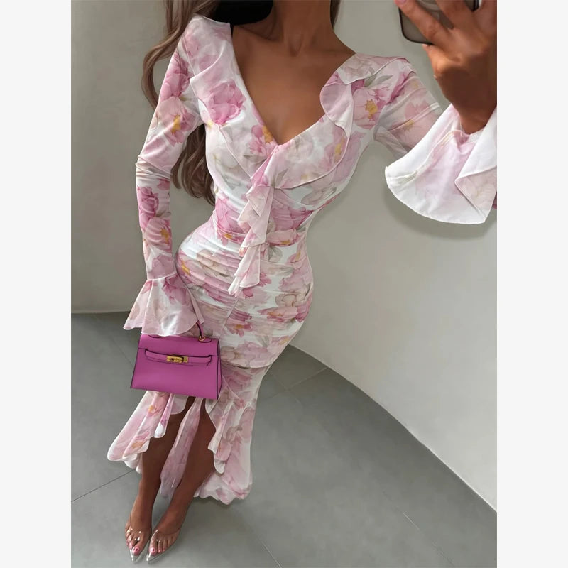Women Floral Print Short Sleeve Maxi Dress Fashion V-neck Ruffle Trim Belted Slit Hem Dresses Casual Lady Daily Vacation Gowns