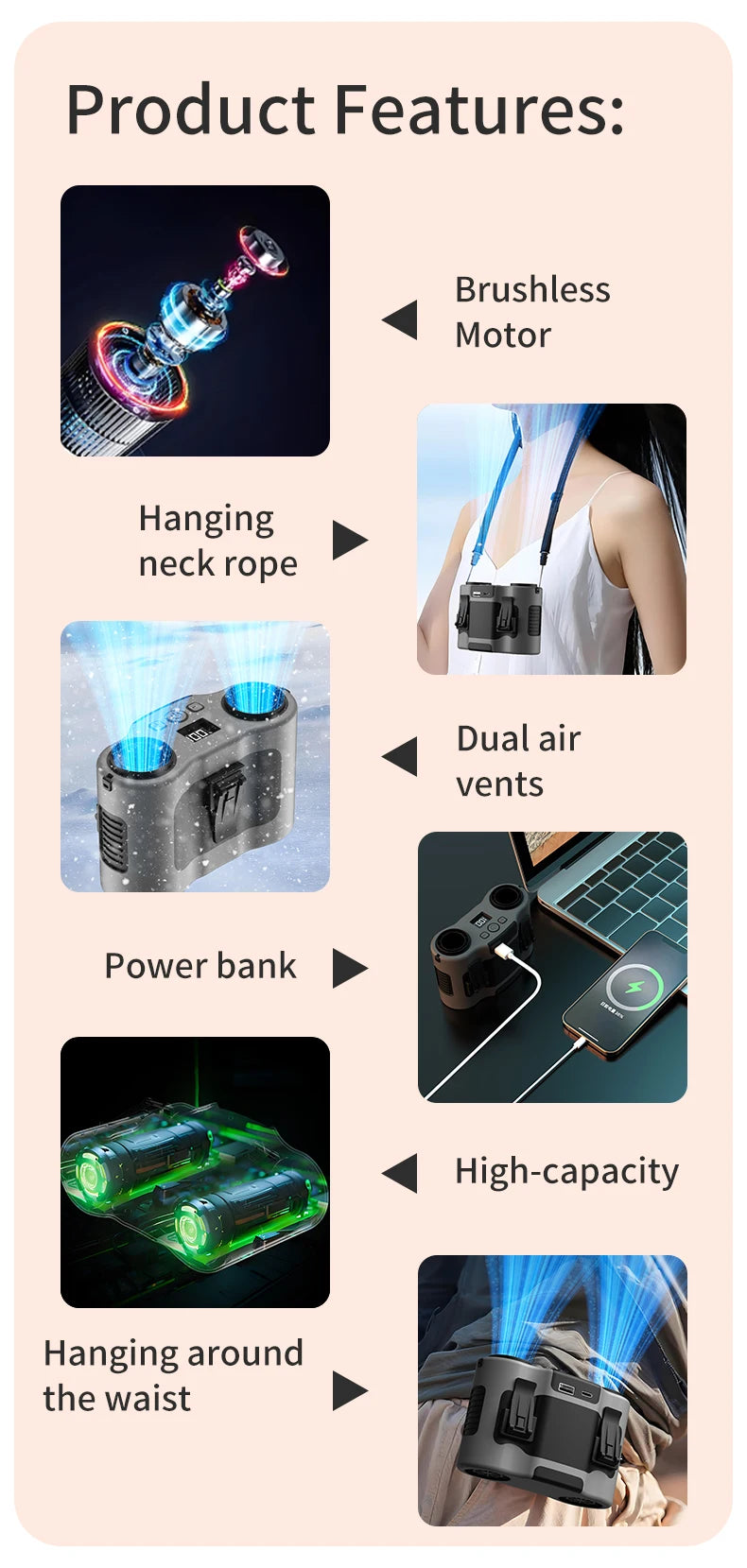 Portable Waist Clip Fan Mini USB Charging Hanging Fan with LED Flashlight Outdoor Single/dual Air Outlet Fan 20000/10000Mah F6/7