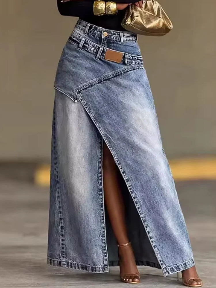 2026 New Irregular Split Denim Skirt Women Fashion Loose Double Waist Stitch Design A-Line Long Skirt Casual Street Jean Skirts
