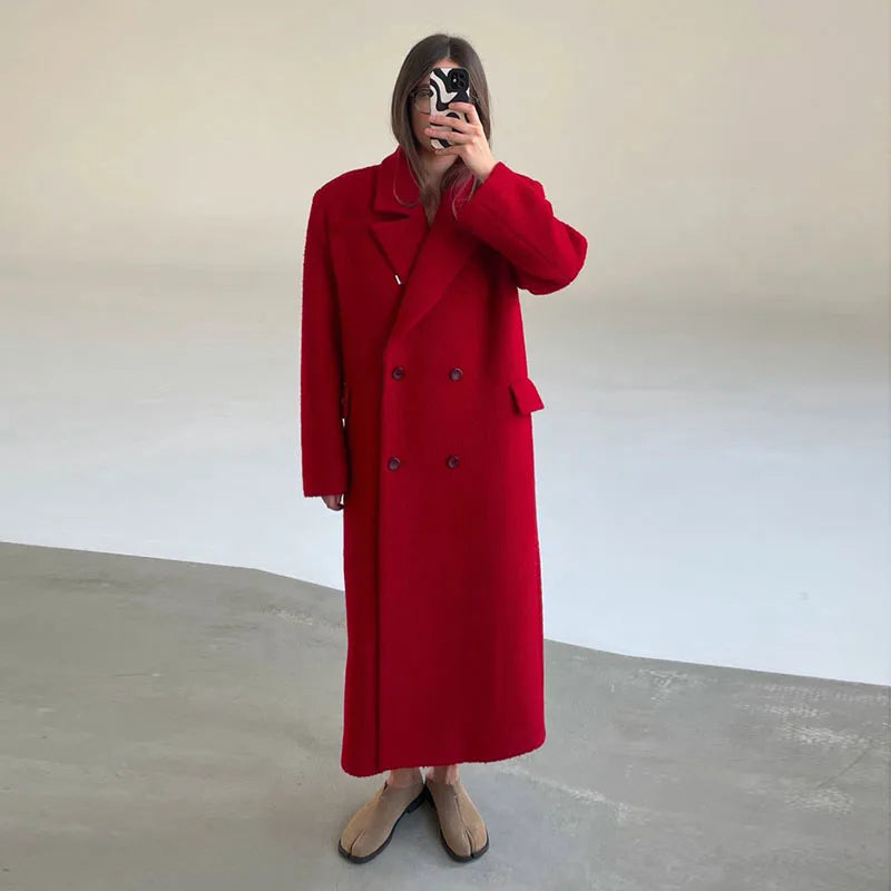 Elegant Women's Woolen Overcoat Solid Lapel Double Breasted Full Sleeve Long Coat 2026 Autumn Winter Fashion Lady Outwear