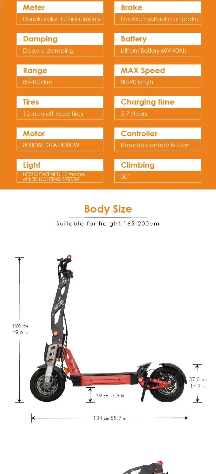 F9 Electric Scooter HEZZO 60V 8000W 40AH Dual Motor Lithium Battery 100km/h 12-inch Fat Tire Electric Scooter