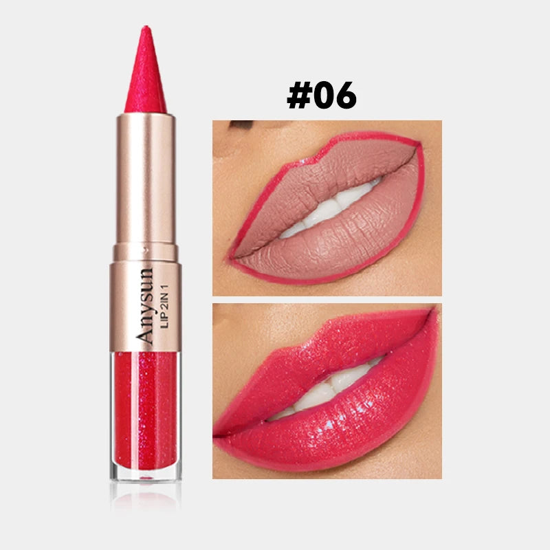 Double Head 2-in-1 Lip liner+Lip Gloss Waterproof and Durable Fine Shiny Mirror Gloss