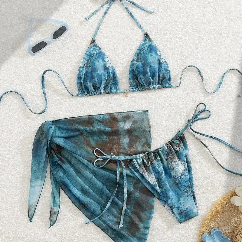 New Women's Retro Floral Print Apron Style Bikini Set 3 Piece High Waisted Tie Side Swimsuit Beach Vacation Swimsuit Biquine