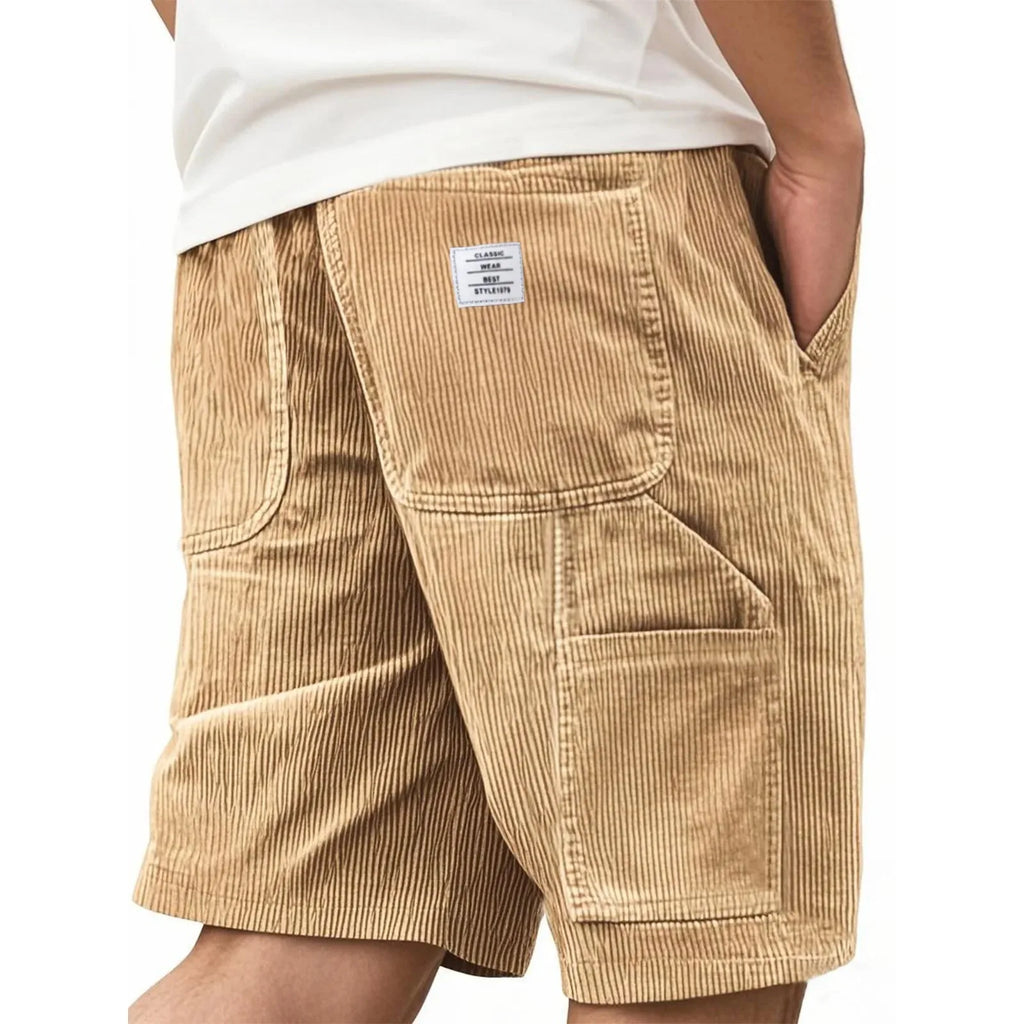 Summer Casual Corduroy Loose Elastic Waist Multi-Pocket Leisure Short Pants Men's Workwear Shorts Retro Style Male Trousers