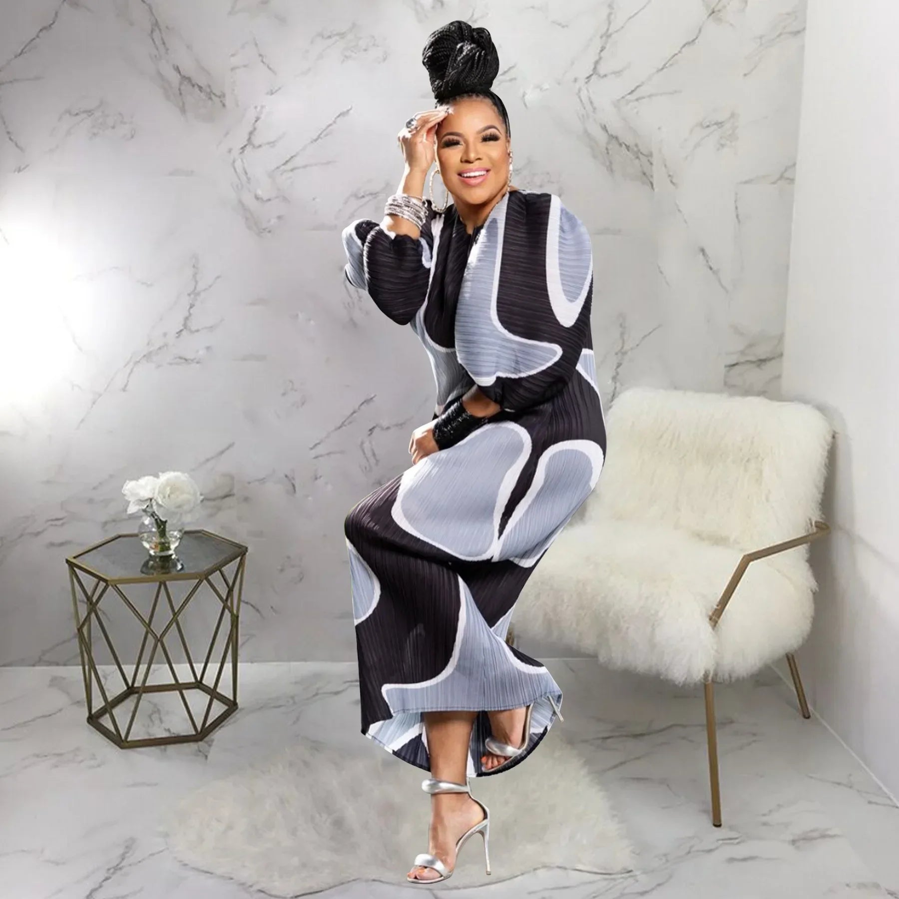 Elegant Women Pleated Half Lantern Sleeve O-neck Slim Maxi Long Dress Print Fashion Autumn 2025 Ruched Dresses Vestidos