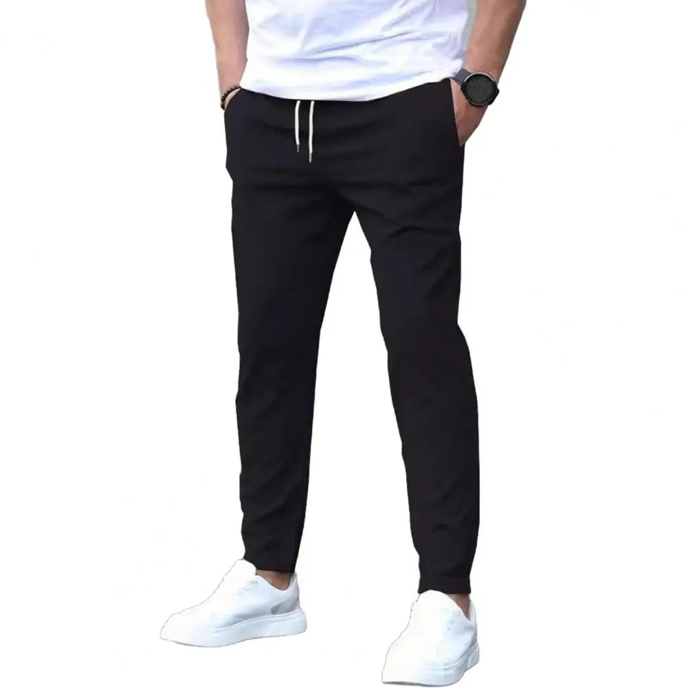 Slim Fit Pants Stylish Men's Slim Fit Drawstring Pants with Side Pockets for Commuting Travel Gym Elastic Waist Casual Trousers