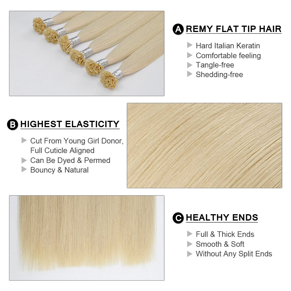 Flat K Tip Hair Extension 100% Remy Human Hair Keratin Fusion Pre Bonded Natural Straight Real Hair Salon Quality 16-22" 1g/s