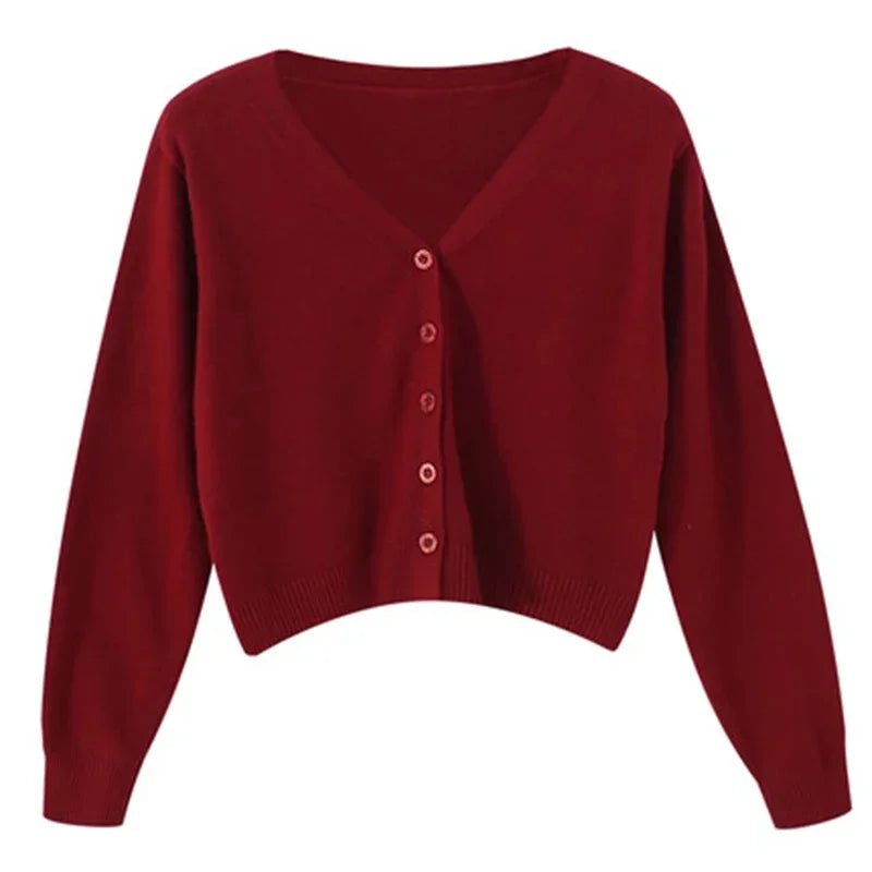 2025 Women's Long Sleeve Cropped Cardigan V Neck Button Down Knit Lady Autumn Spring Knitted Single-breasted Cardigan Sweaters