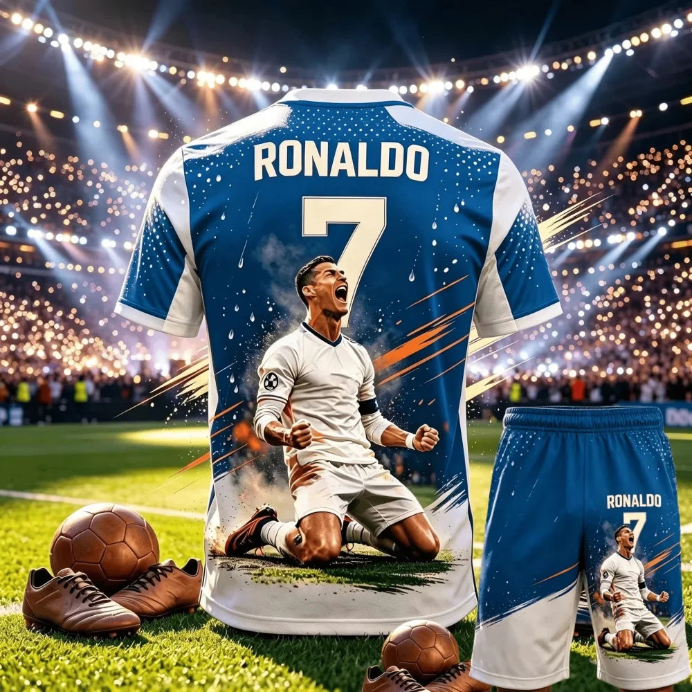 CR7 Ronaldo No.7 Theme Soccer Outfit Adult Children 3D Print Jersey Shorts Two Piece Sports Suit For Fans parent-child Clothing