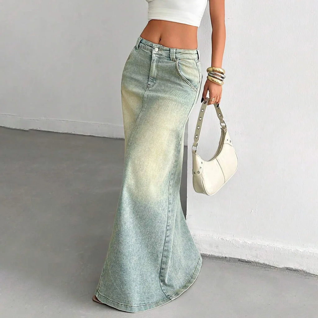 Denim Old Floor-length Slit Skirt for Women, Low Waist, Slimming, Fashionable and Trendy, Versatile for Everyday Use