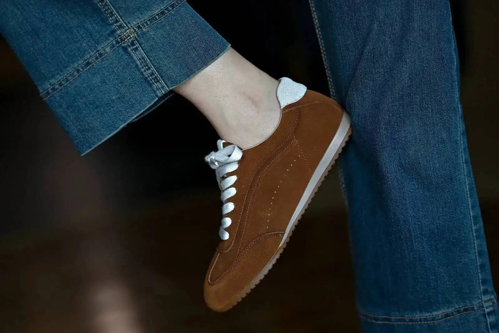 Genuine Leather Brown Suede Flat Loafers Shoes Woman Lace Up Leisure Wome Shoes Autumn Casual Comfort Vacation Lovers Shoes