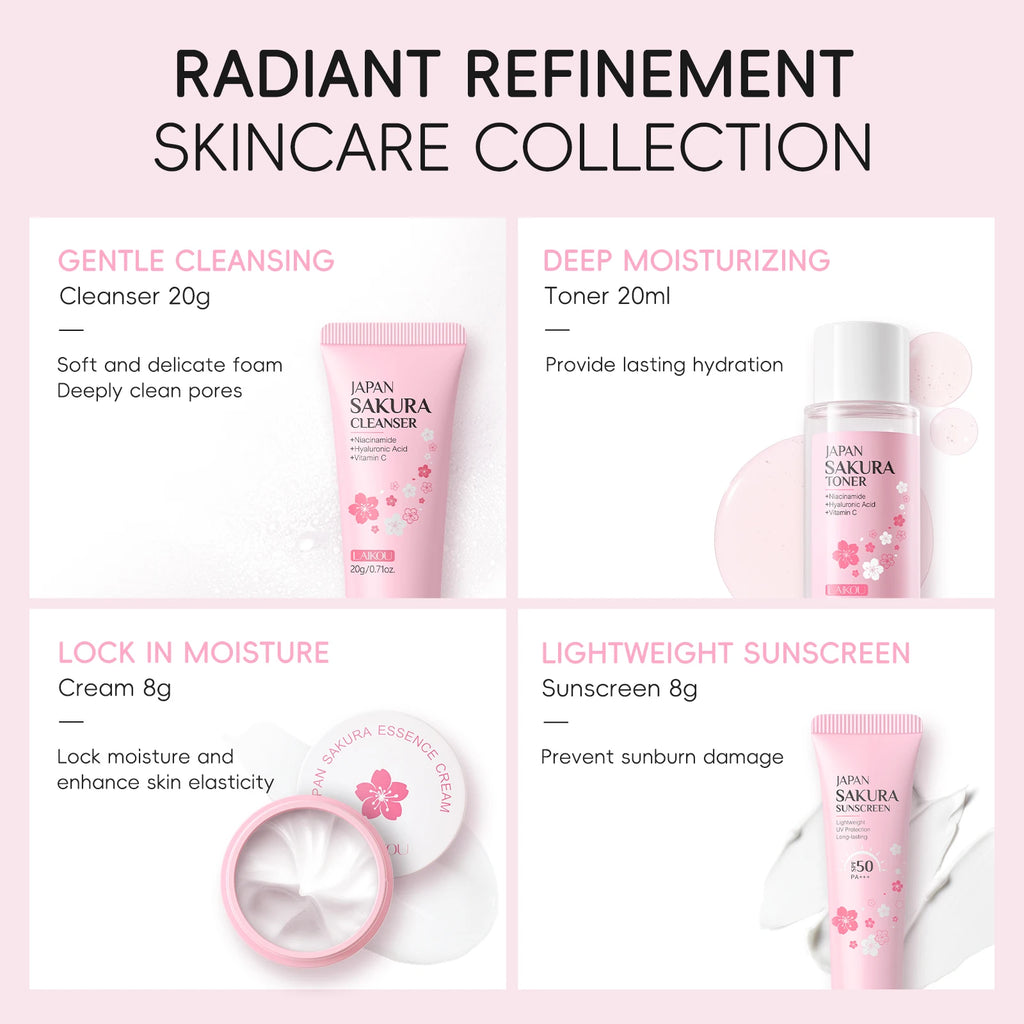 LAIKOU Japan Sakura Full Skincare Set Cleanser Toner Serum Cream Eye Cream Sunscreen Travel Kit Complete Facial Care