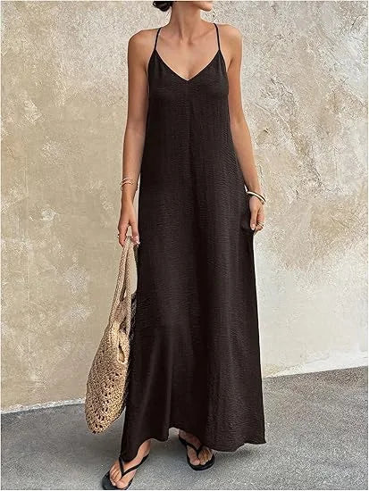 Elegant Simple Backless Sexy Hollow Sleeve Long Dress Women's Straight Tube Skirt Travel Sleeveless Strap Dress Casual High W...