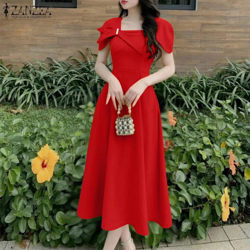 ZANZEA Elegant Chic Women A-Line Dresses Summer Fashion Square Neck Short Sleeve High Waisted Midi Robes Femme Office Vestidos