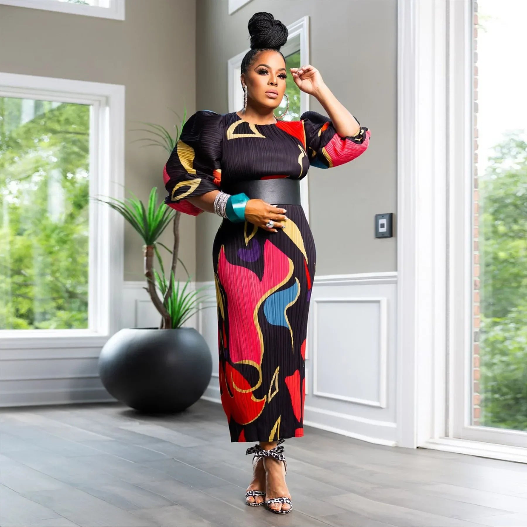 Elegant Women Pleated Half Lantern Sleeve O-neck Slim Maxi Long Dress Print Fashion Autumn 2025 Ruched Dresses Vestidos