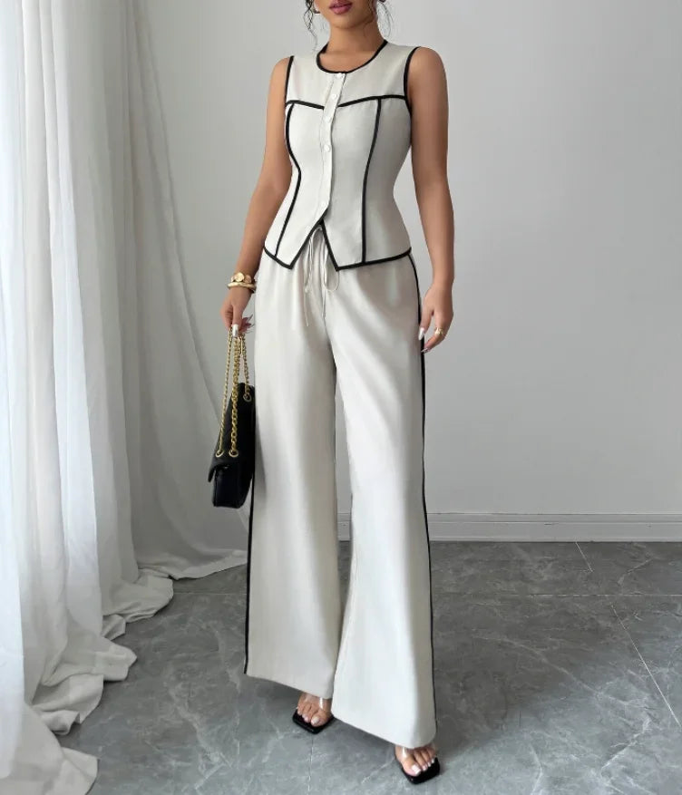 New Women's Elegant Button Vest & Wide Leg Pants Set Temperament Two Piece Outfits Woman Summer Fashion Two-Piece Casual Sets