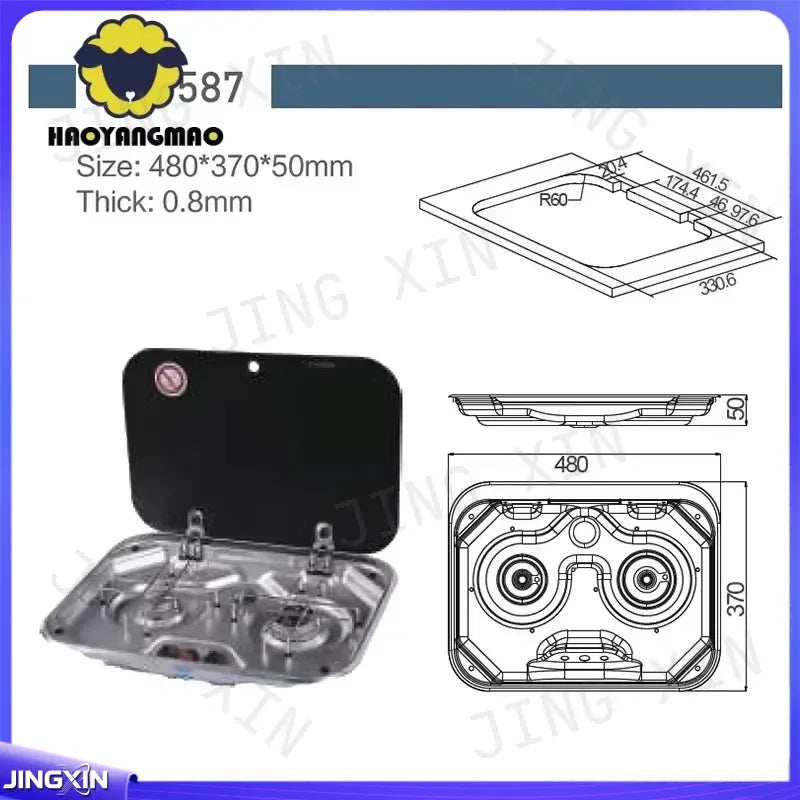 Custom for RV Camper Stainless Steel Double Burner Gas Stove with Tempered Glass Lid 2x1.35KW Outdoor Camping Kitchen
