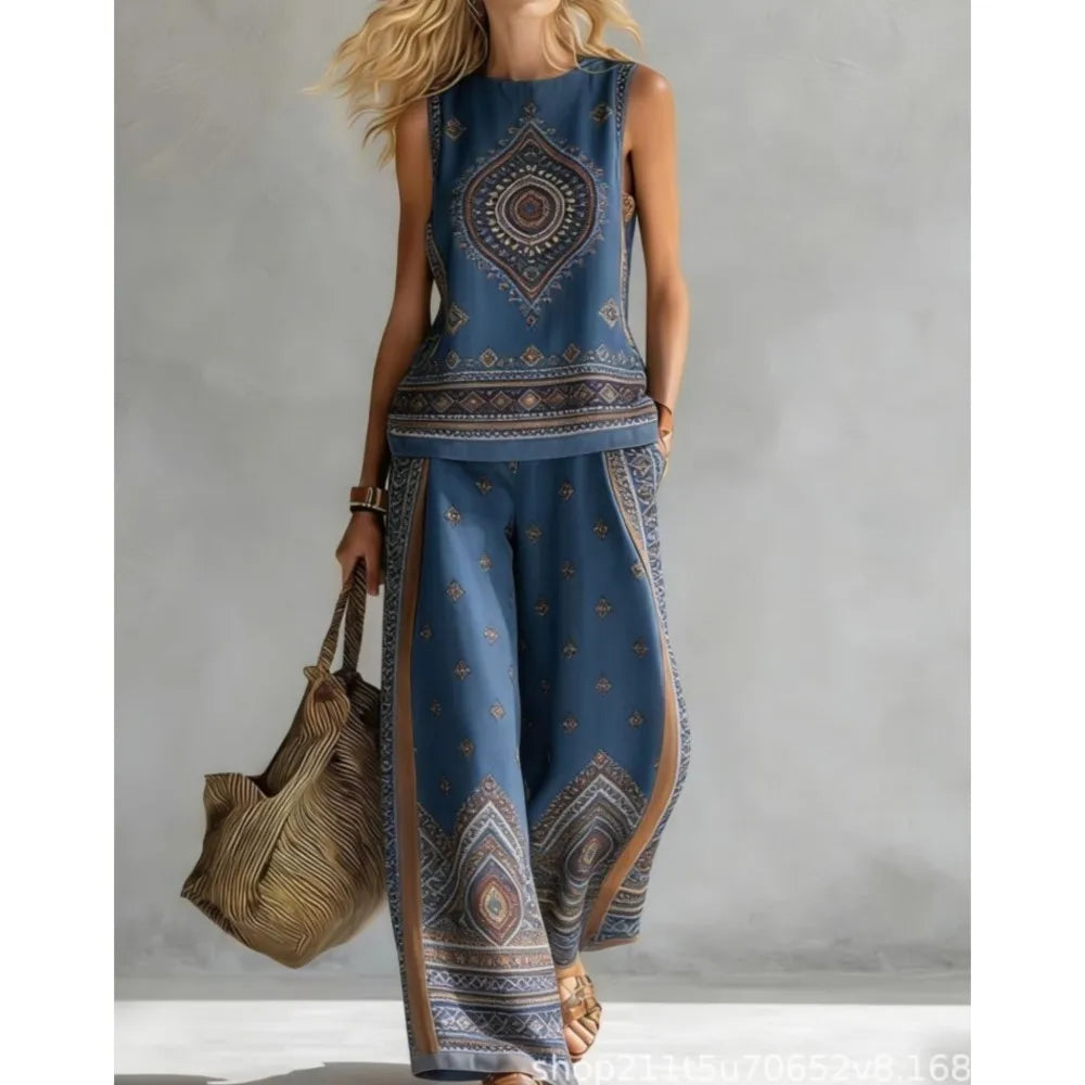 Fashion Retro Printed Sleeveless Tops Trousers 2-piece Set Women's Summer Casual Vest Loose Wide Leg Trousers Female Suit Pocket