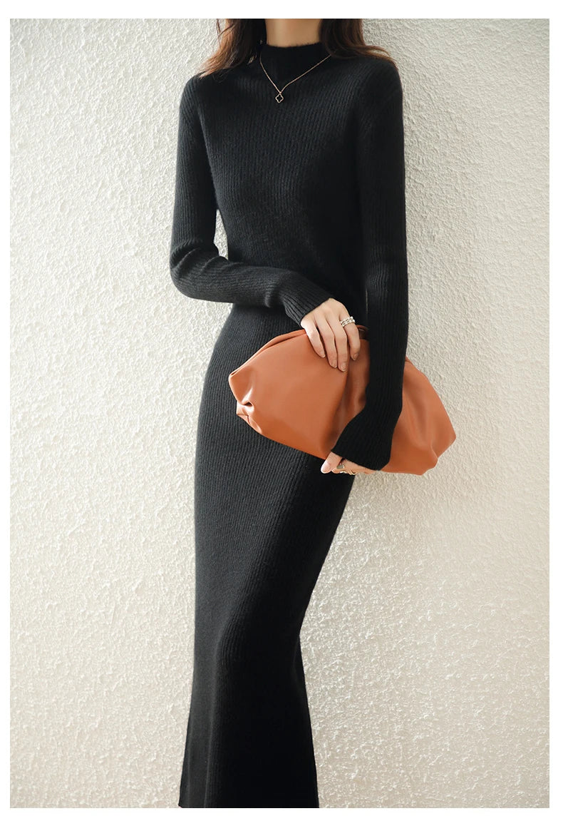 Autumn and winter semi high neck drawstring high elasticity slim fit 100% wool pullover dress, mid length over knee cashmere