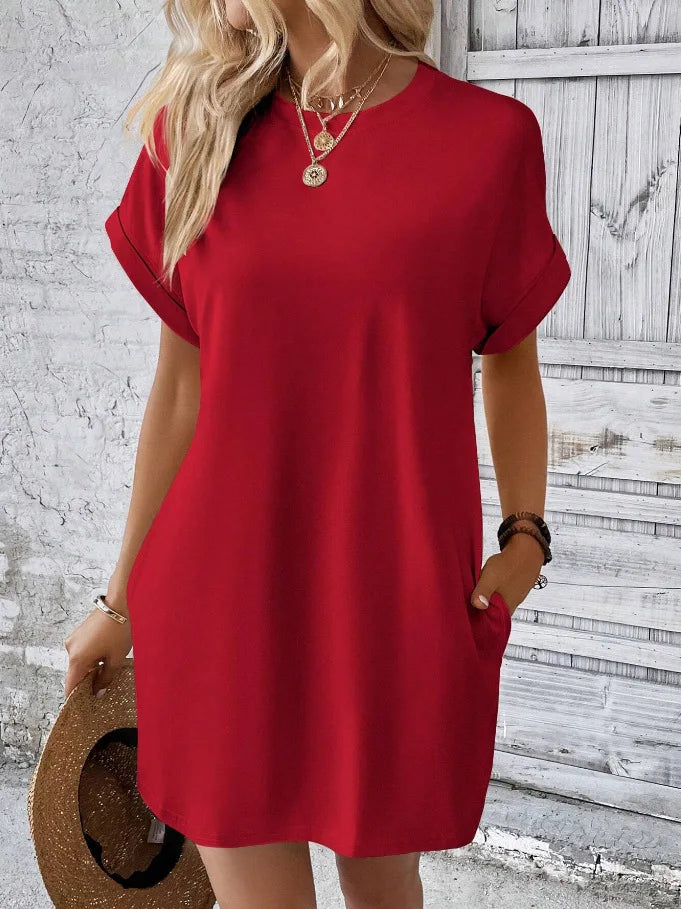 New women's spring and summer fashionable temperament casual commuting solid color round neck loose short sleeved pocket dress