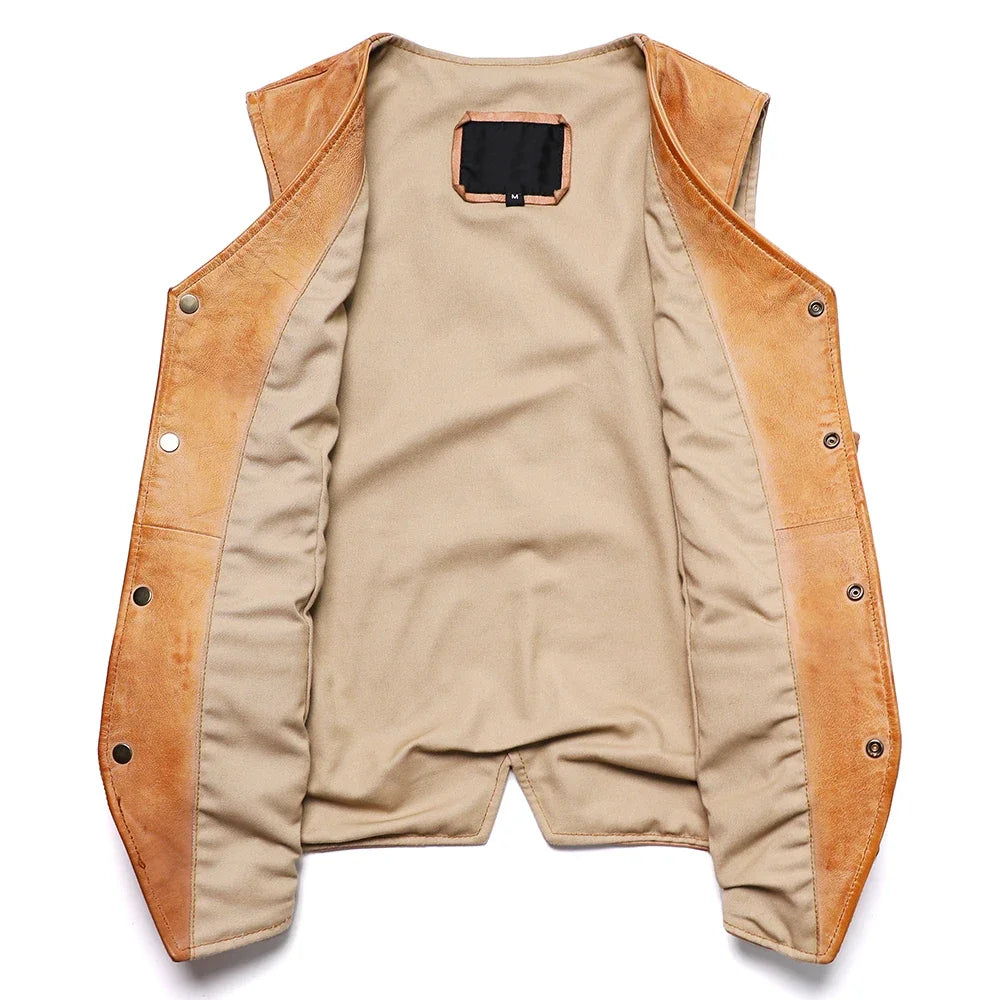 Retro Vintage Yellow Sheepskin Leather Vest Men's Goat Leather Sleeveless Jacket V-neck Amikaki Slim Short Waistcoat Man