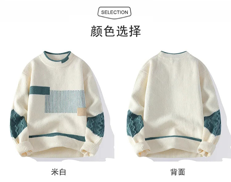 New Men's Mock Neck Knitted Sweaters Fashion Patchwork Knitting Pullovers Autumn Winter Daily Casual Warm Pullover Sweaters Male