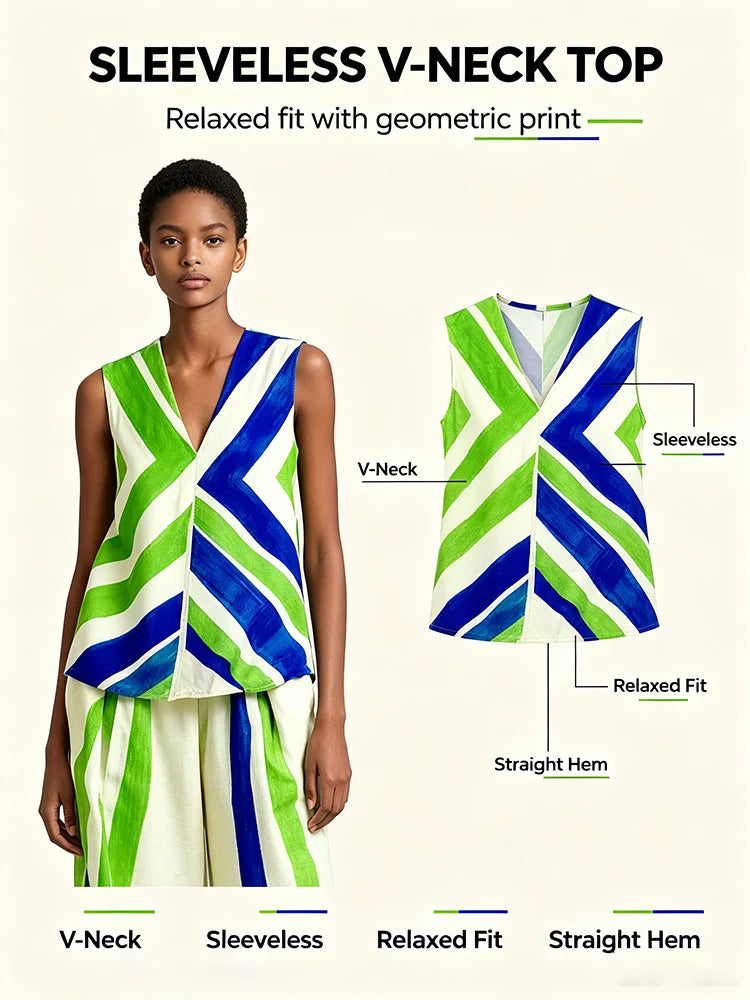 UOOZEE 2026 New Boho Vacation 2 Piece Set Women Fashion Contrast Color Striped V-Neck Tank & Elastic High Waist Wide Leg Pants