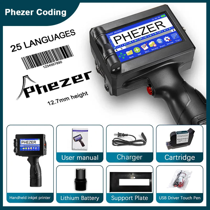 Phezer P15 Handheld Inkjet Printer 12.7/25.4mm Portable Label Printer Expiry Date Batch Code Logo QR Barcode 28 Languages